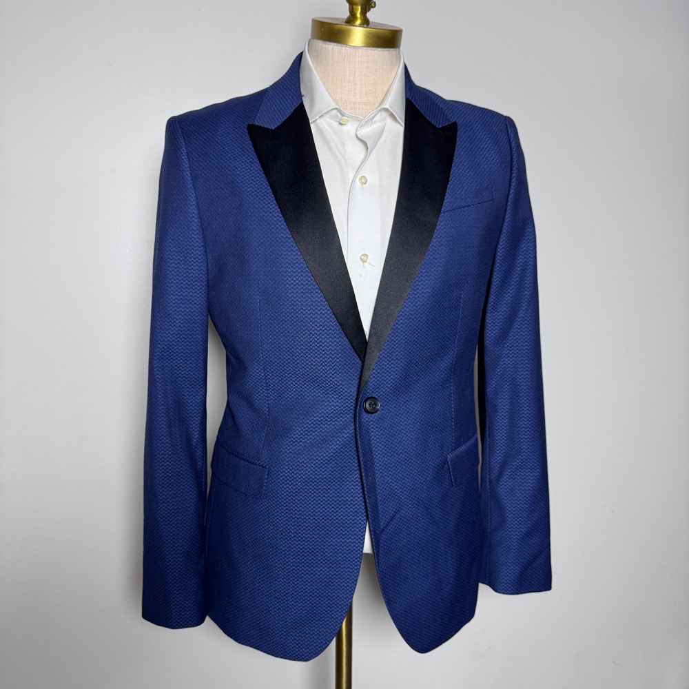 J. Ferrar Tuxedo Blazer Mens 40R Blue Textured Slim Fit Peak Lapel Single Button